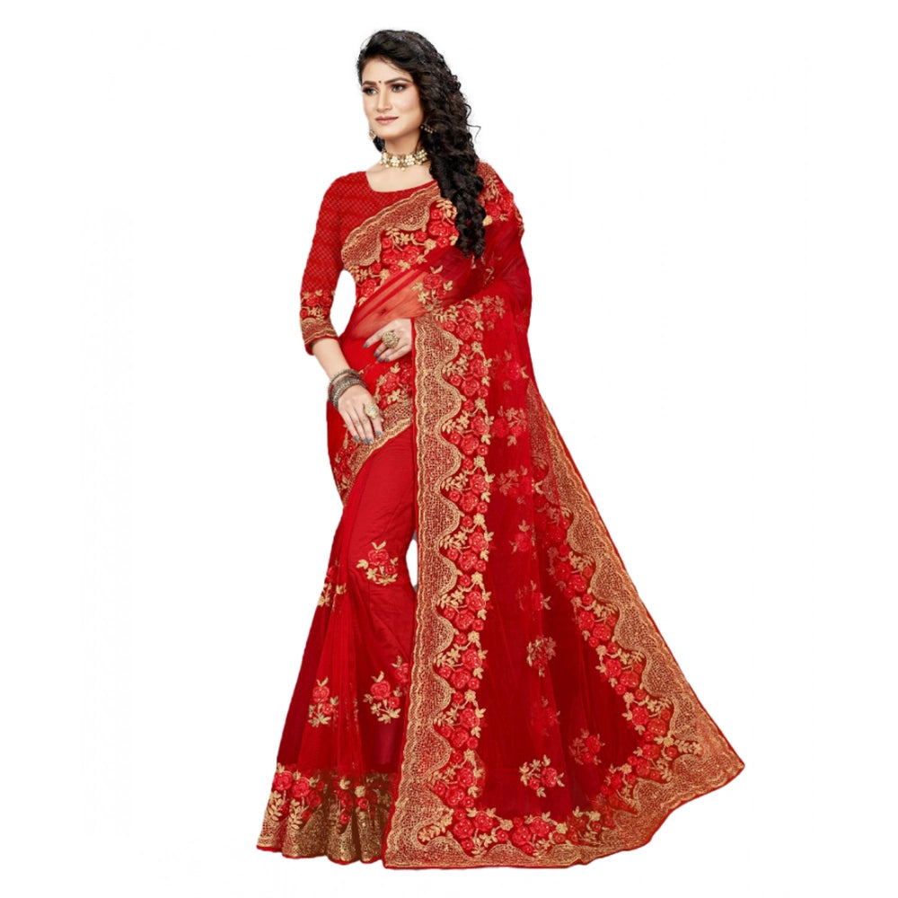 Snuggle Spot Women's Net Saree With Blouse (Red, 5-6Mtrs)