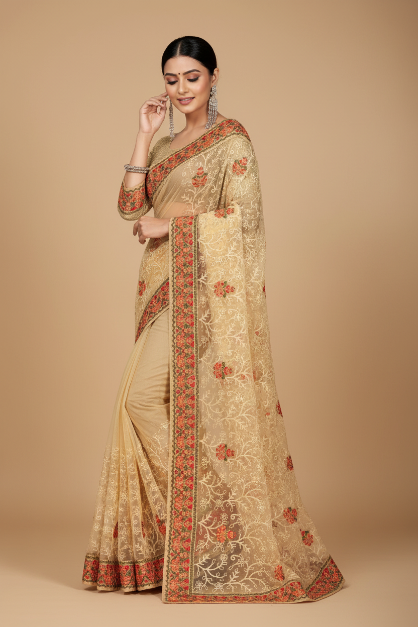 Snuggle Spot Women's Net Saree With Blouse (Chiku, 5-6Mtrs)