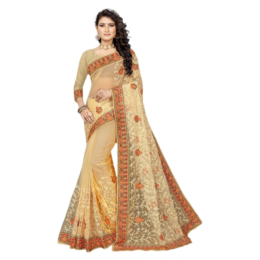 Snuggle Spot Women's Net Saree With Blouse (Chiku, 5-6Mtrs)
