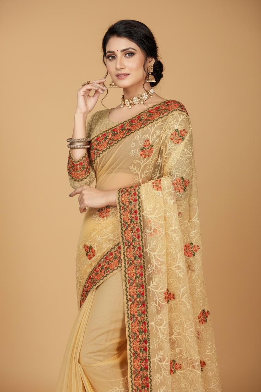 Snuggle Spot Women's Net Saree With Blouse (Chiku, 5-6Mtrs)