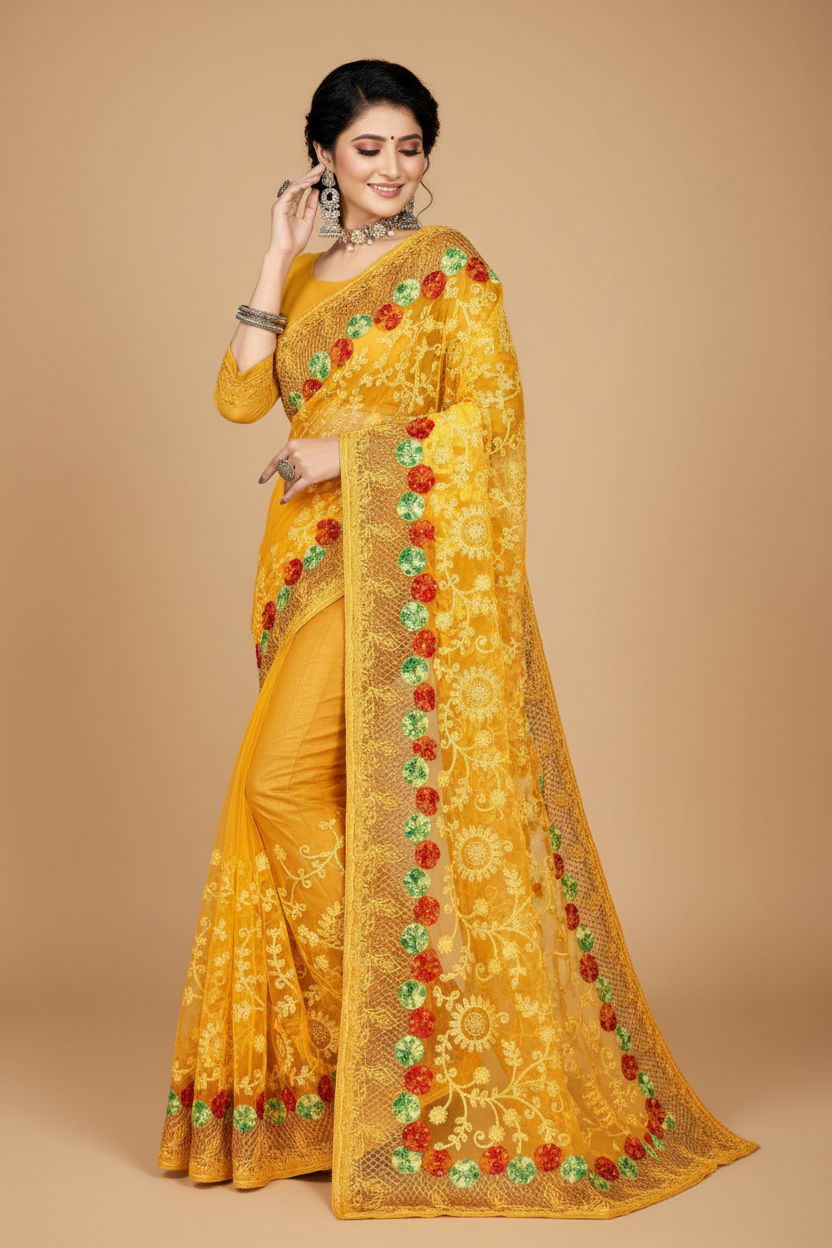 Snuggle Spot Women's Net Saree With Blouse (Yellow, 5-6Mtrs)