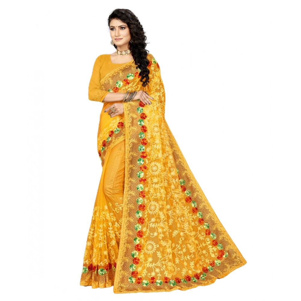 Snuggle Spot Women's Net Saree With Blouse (Yellow, 5-6Mtrs)