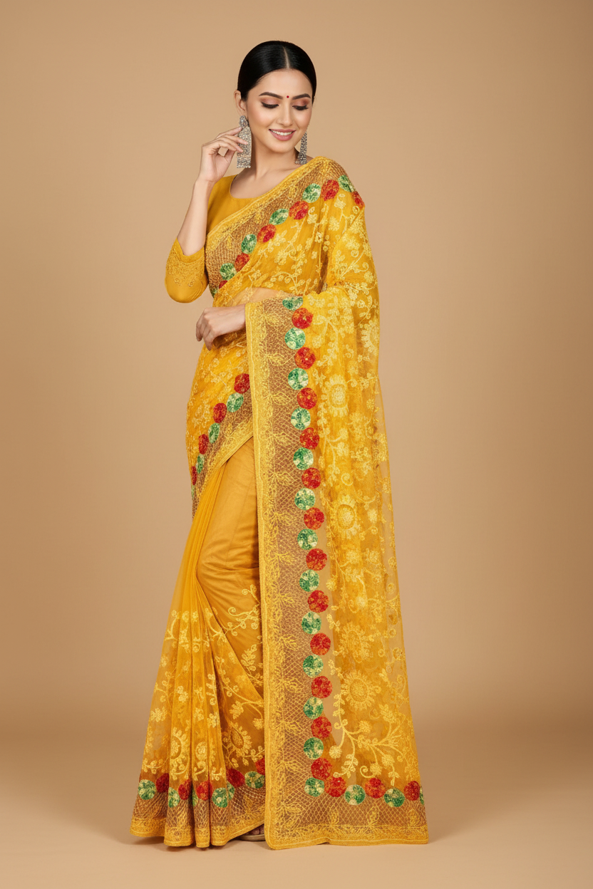 Snuggle Spot Women's Net Saree With Blouse (Yellow, 5-6Mtrs)