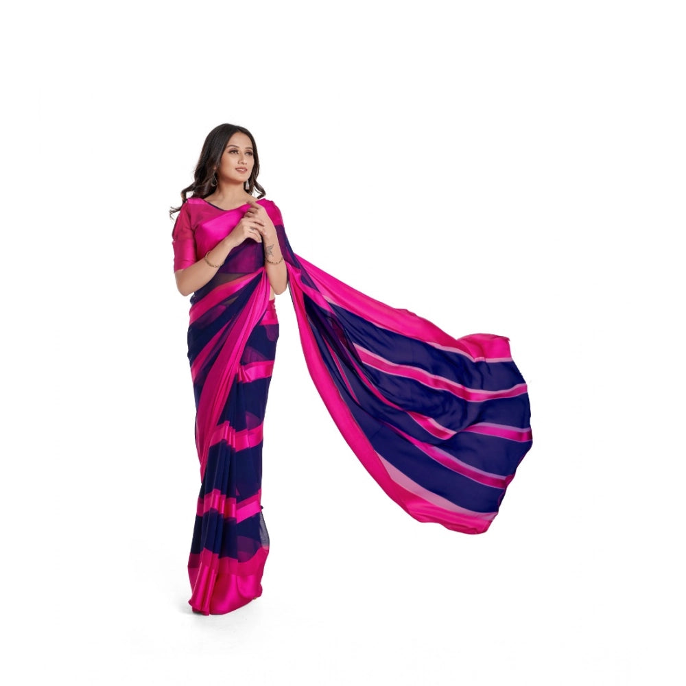 Snuggle Spot Women's Satin Patta Printed Saree With Unstitched Blouse (Pink)