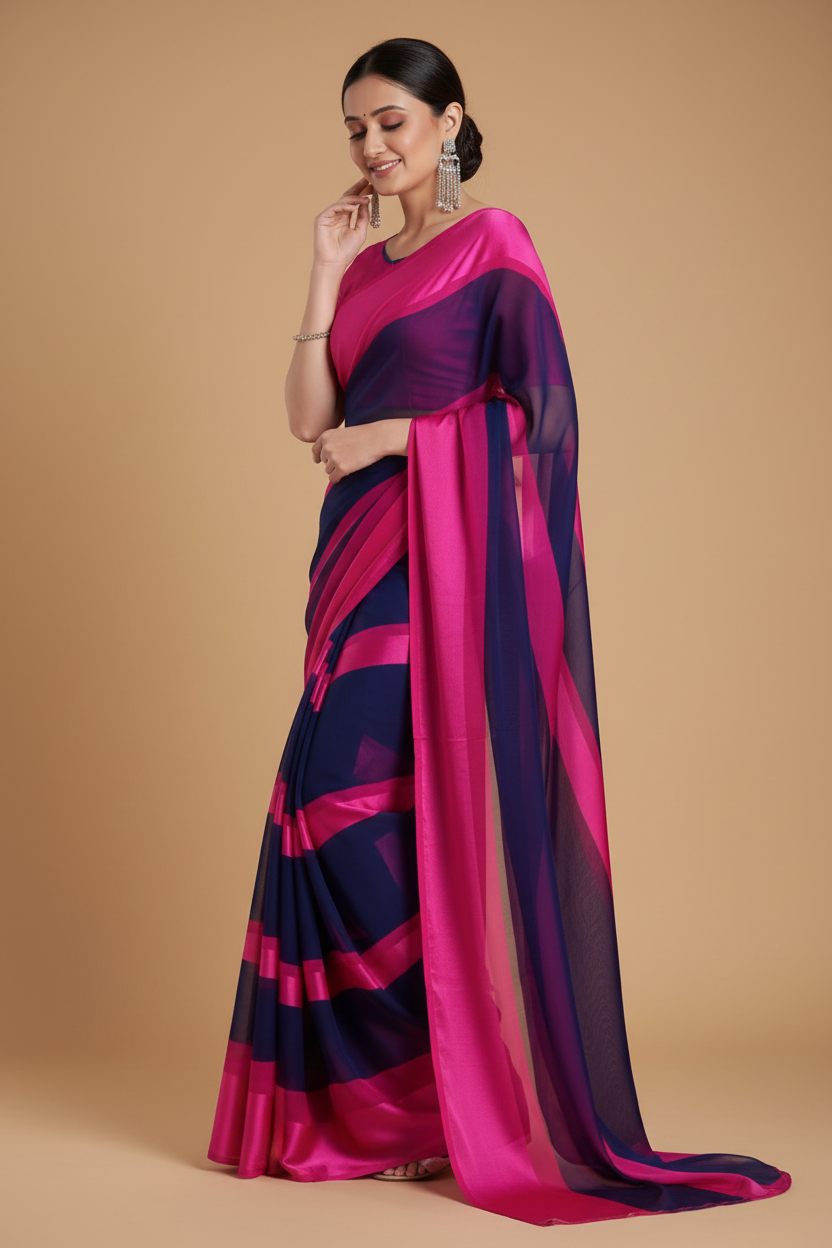 Snuggle Spot Women's Satin Patta Printed Saree With Unstitched Blouse (Pink)