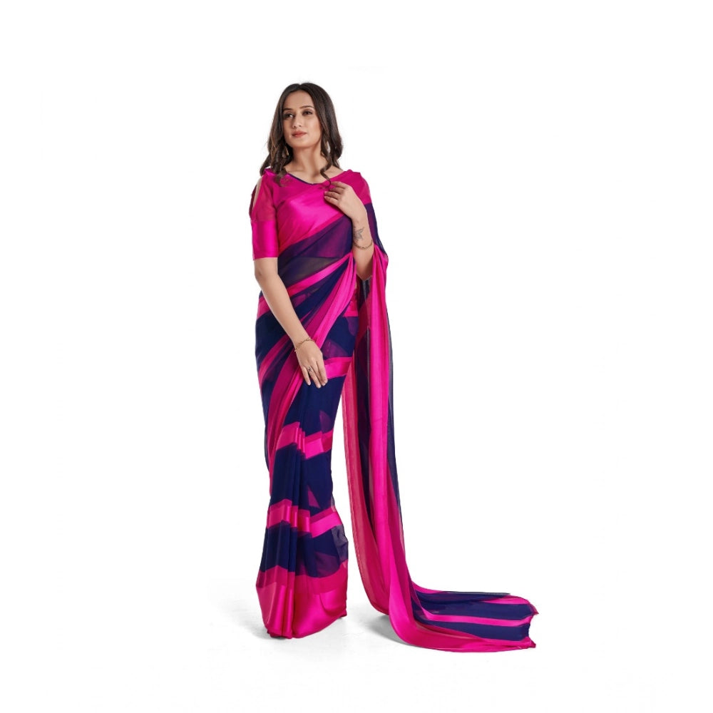 Snuggle Spot Women's Satin Patta Printed Saree With Unstitched Blouse (Pink)