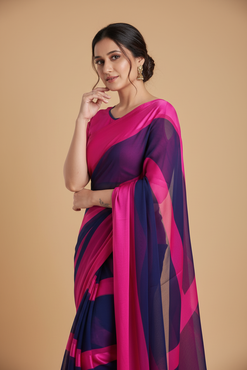Snuggle Spot Women's Satin Patta Printed Saree With Unstitched Blouse (Pink)