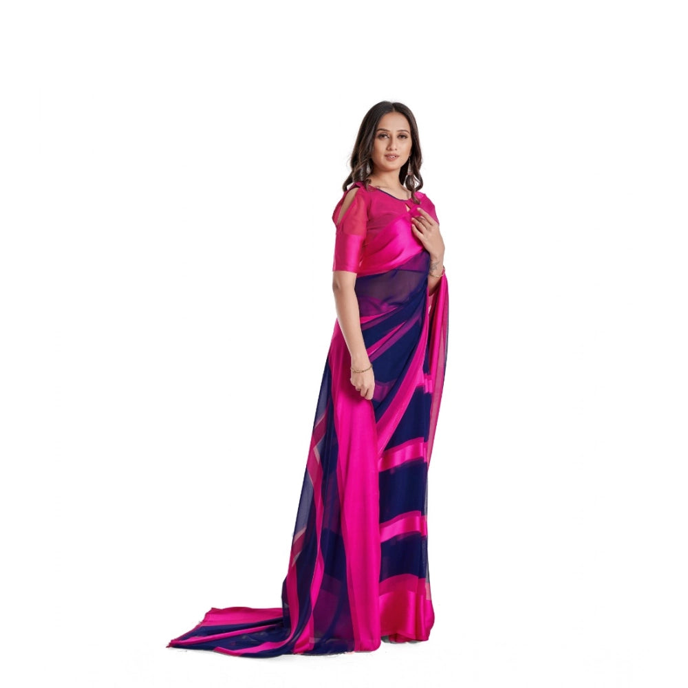 Snuggle Spot Women's Satin Patta Printed Saree With Unstitched Blouse (Pink)