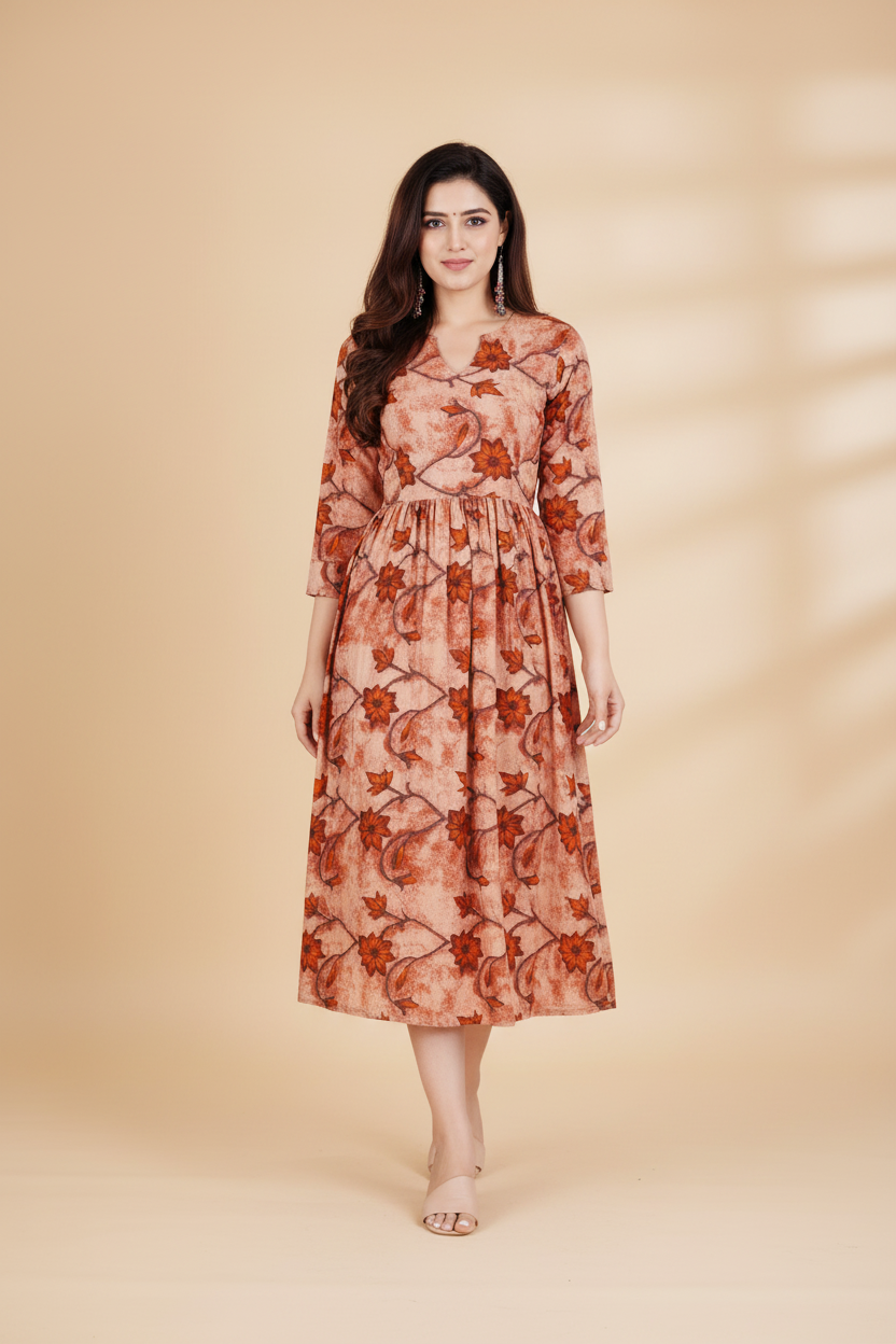 Snuggle Spot Women's Casual 3/4 Sleeve Printed Viscose Maternity Feeding Kurti (Brown)