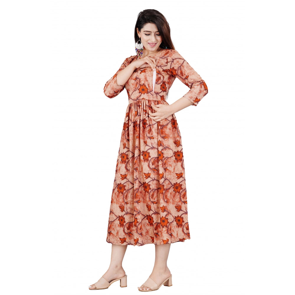 Snuggle Spot Women's Casual 3/4 Sleeve Printed Viscose Maternity Feeding Kurti (Brown)