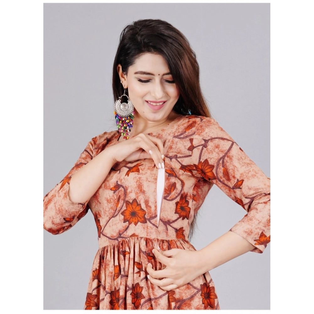 Snuggle Spot Women's Casual 3/4 Sleeve Printed Viscose Maternity Feeding Kurti (Brown)