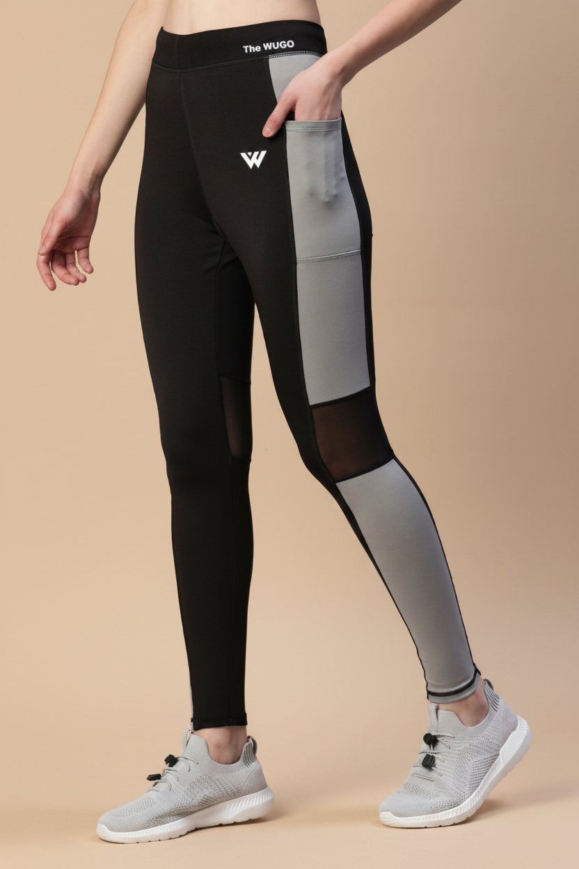Snuggle Spot Women's Polyster Solid Sport Leggings (Black &amp; Grey)