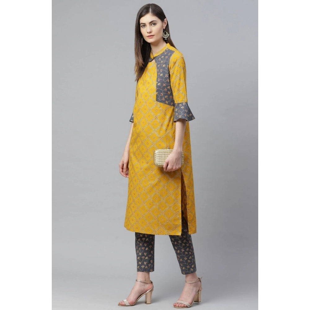Snuggle Spot Women's Casual Bell Sleeves Geomatrical Printed Cotton Kurti Set (Yellow)
