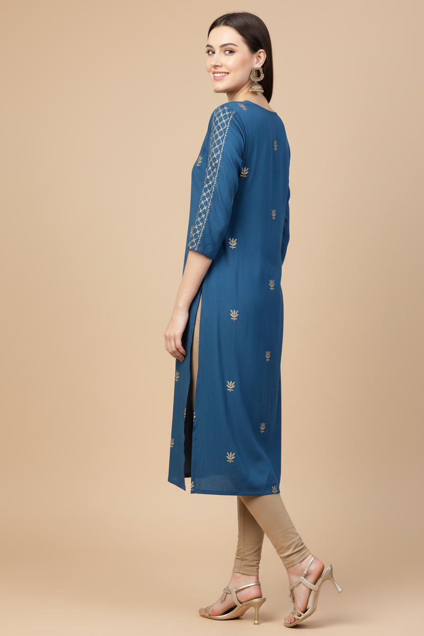 Snuggle Spot Women's Casual 3/4 th Sleeve Floral Printed Rayon Kurti (Blue)
