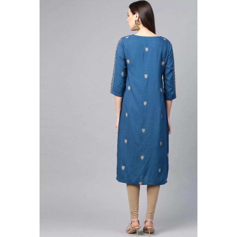 Snuggle Spot Women's Casual 3/4 th Sleeve Floral Printed Rayon Kurti (Blue)