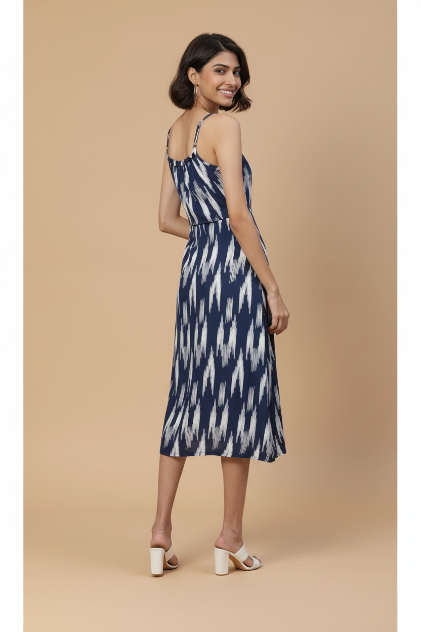 Snuggle Spot Women's Casual Sleeveless Ikat Print Rayon Dress (Blue)