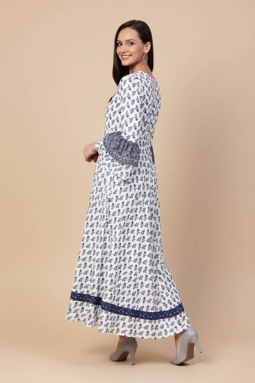 Snuggle Spot Women's Casual Bell Sleeve Floral Printed Rayon Dress (White &amp; Blue)