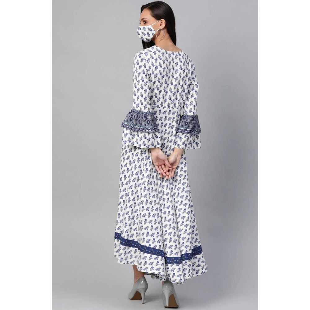 Snuggle Spot Women's Casual Bell Sleeve Floral Printed Rayon Dress (White &amp; Blue)