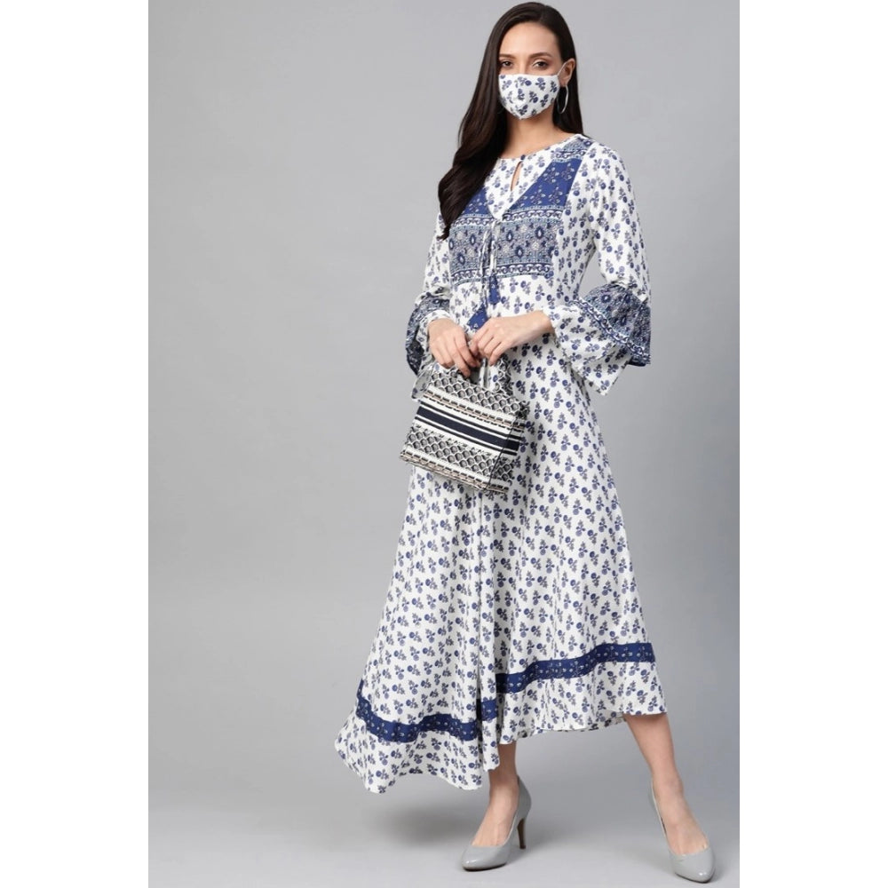 Snuggle Spot Women's Casual Bell Sleeve Floral Printed Rayon Dress (White &amp; Blue)