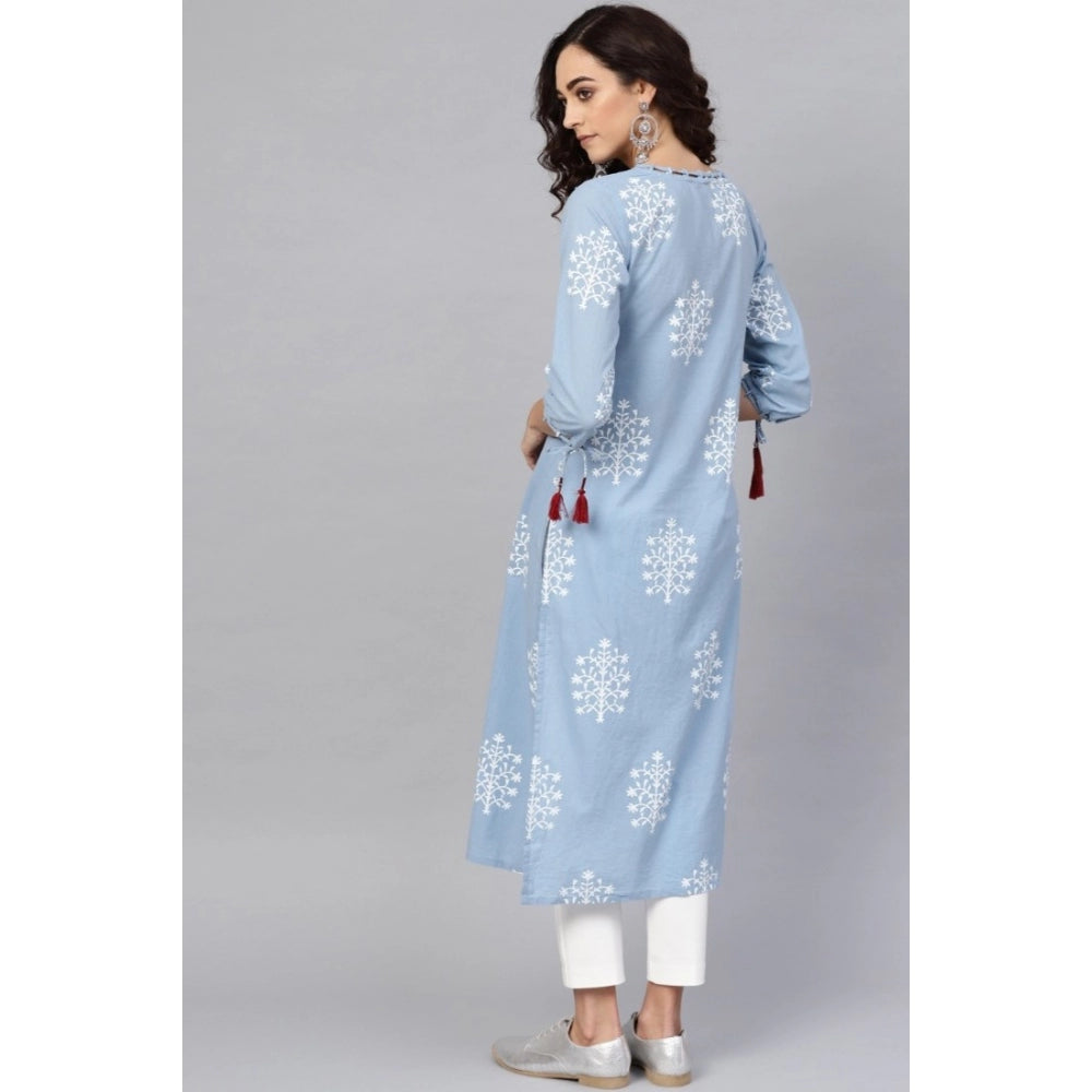 Snuggle Spot Women's Casual 3/4 th Sleeve Embroidery Cambric Cotton Kurti (Blue)
