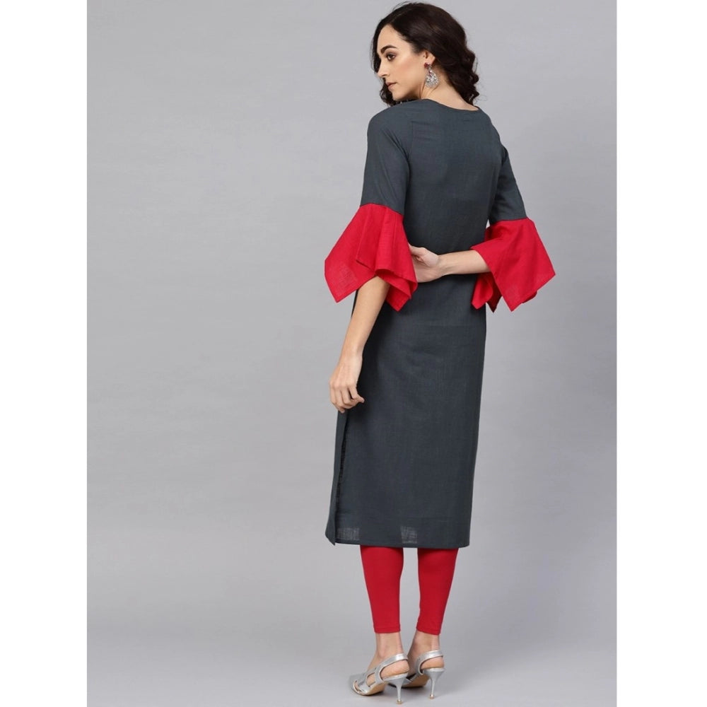 Snuggle Spot Women's Casual Bell Sleeves Mirror Work Cotton Slub Kurti (Grey)