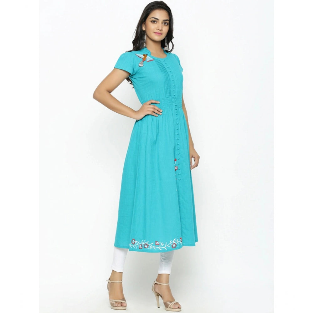Snuggle Spot Women's Casual Short Sleeve Embroidery Cotton Slub Kurti (Torque Green)