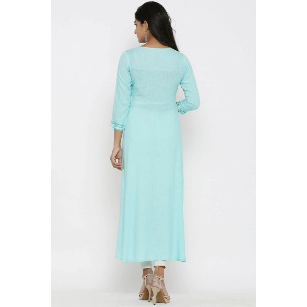Snuggle Spot Women's Casual 3/4 th Sleeve Embroidery Rayon Kurti (Sky Blue)