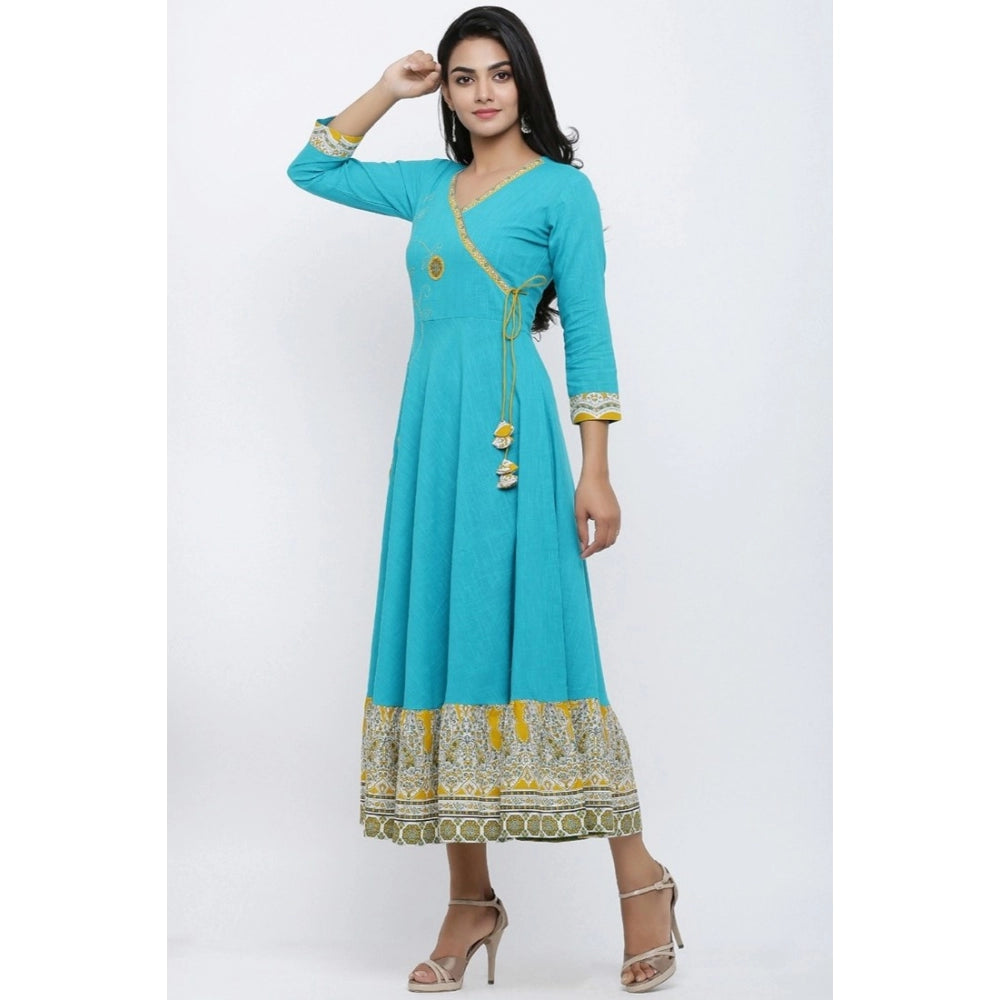 Snuggle Spot Women's Casual 3/4 th Sleeve Embroidery Cotton Blend Kurti (Torque Green)