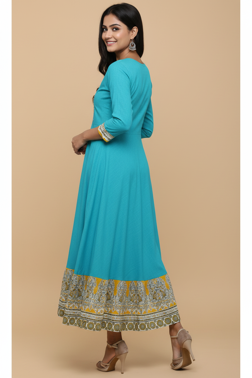 Snuggle Spot Women's Casual 3/4 th Sleeve Embroidery Cotton Blend Kurti (Torque Green)