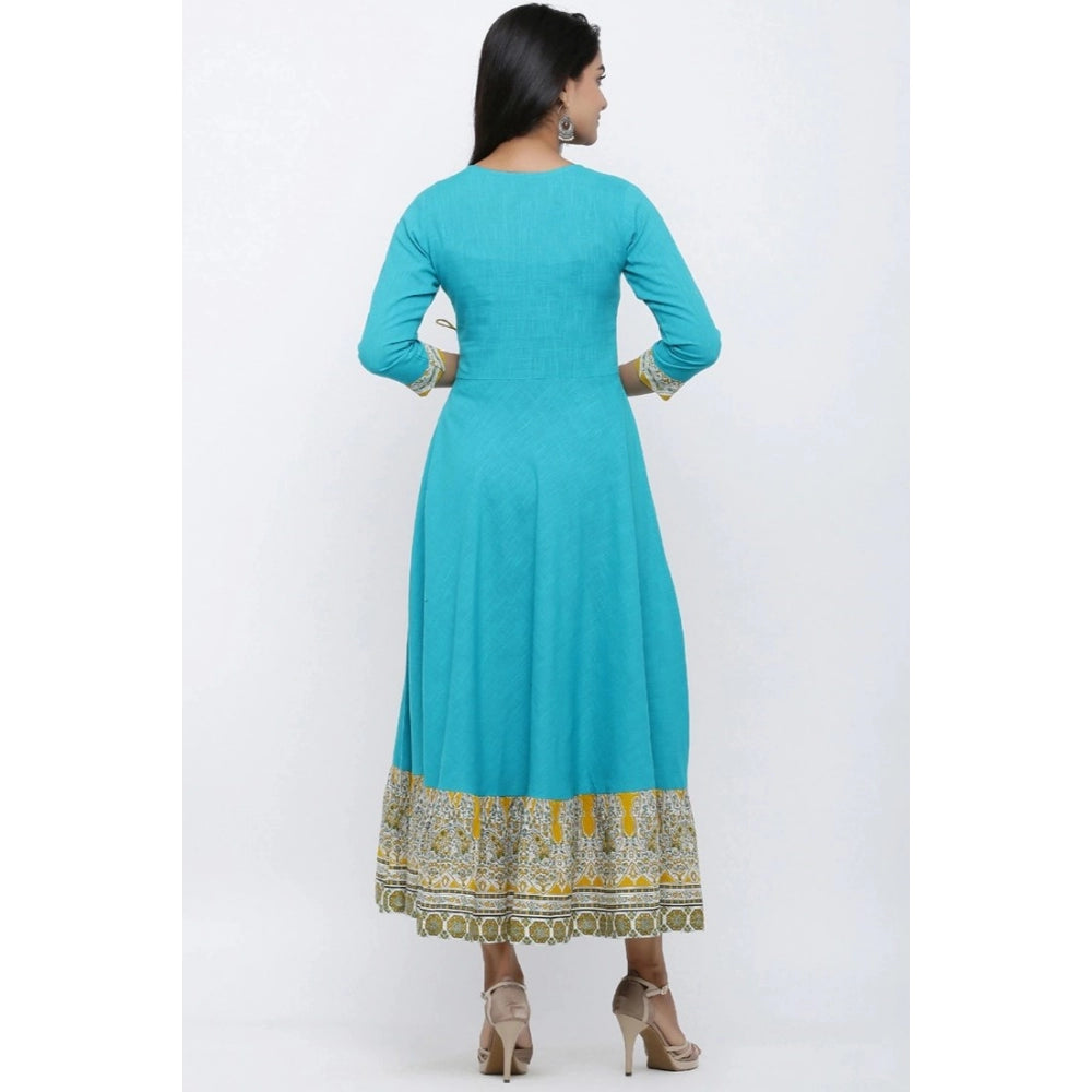 Snuggle Spot Women's Casual 3/4 th Sleeve Embroidery Cotton Blend Kurti (Torque Green)