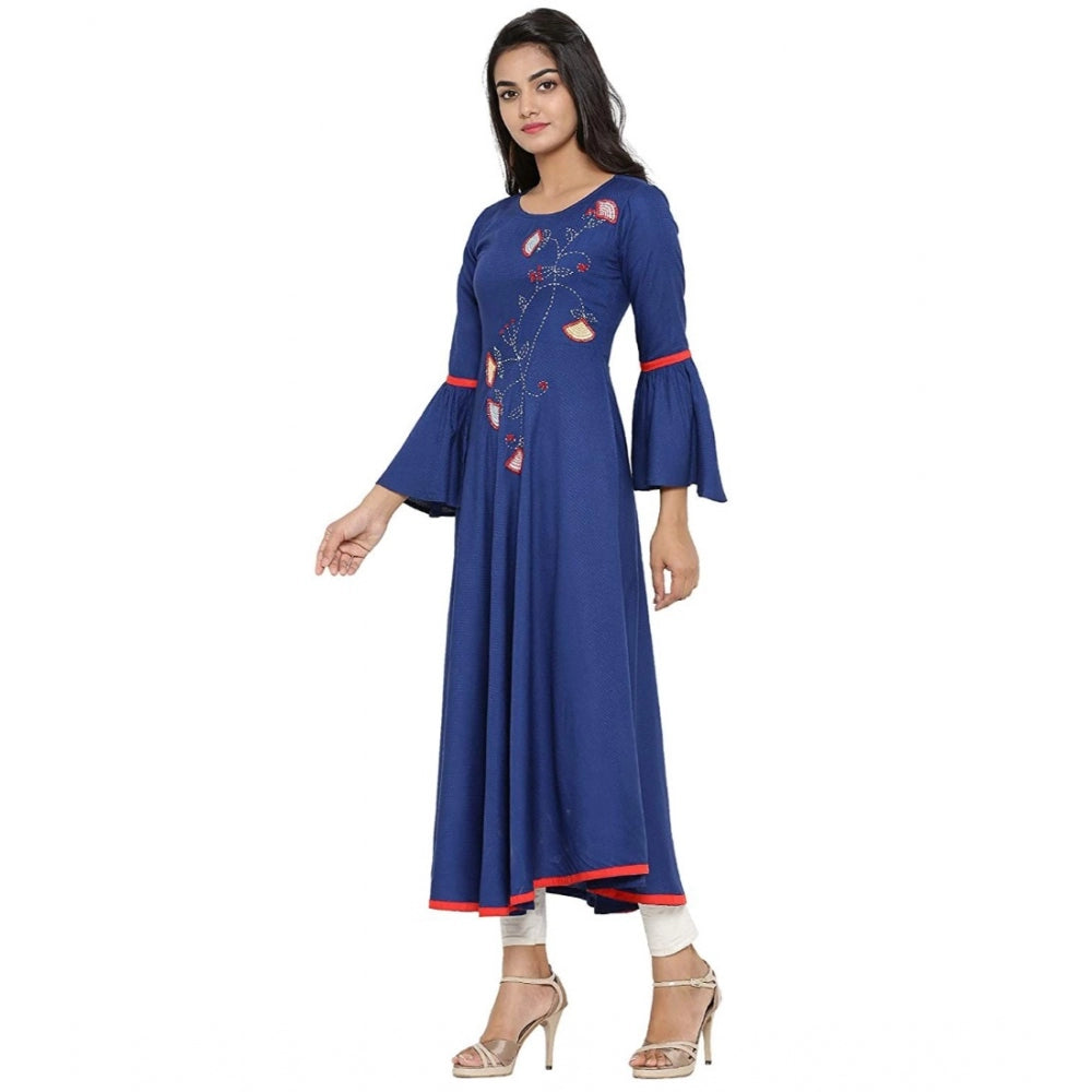 Snuggle Spot Women's Casual Bell Sleeves Embroidery Rayon Kurti (Blue)