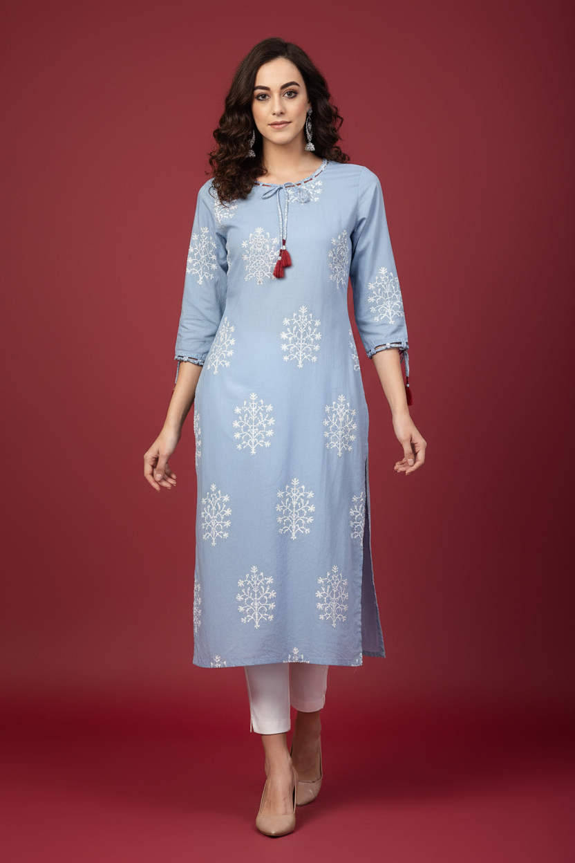 Snuggle Spot Women's Casual 3/4 th Sleeve Embroidery Cambric Cotton Kurti (Blue)
