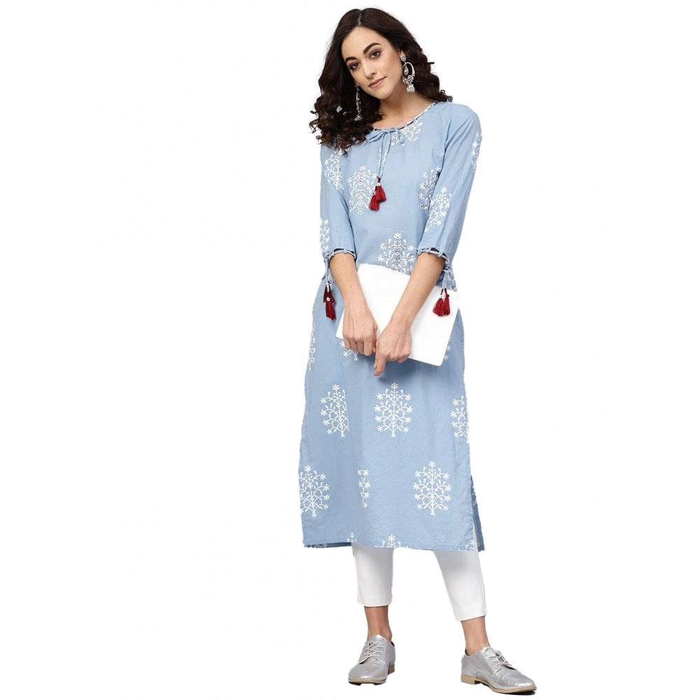 Snuggle Spot Women's Casual 3/4 th Sleeve Embroidery Cambric Cotton Kurti (Blue)