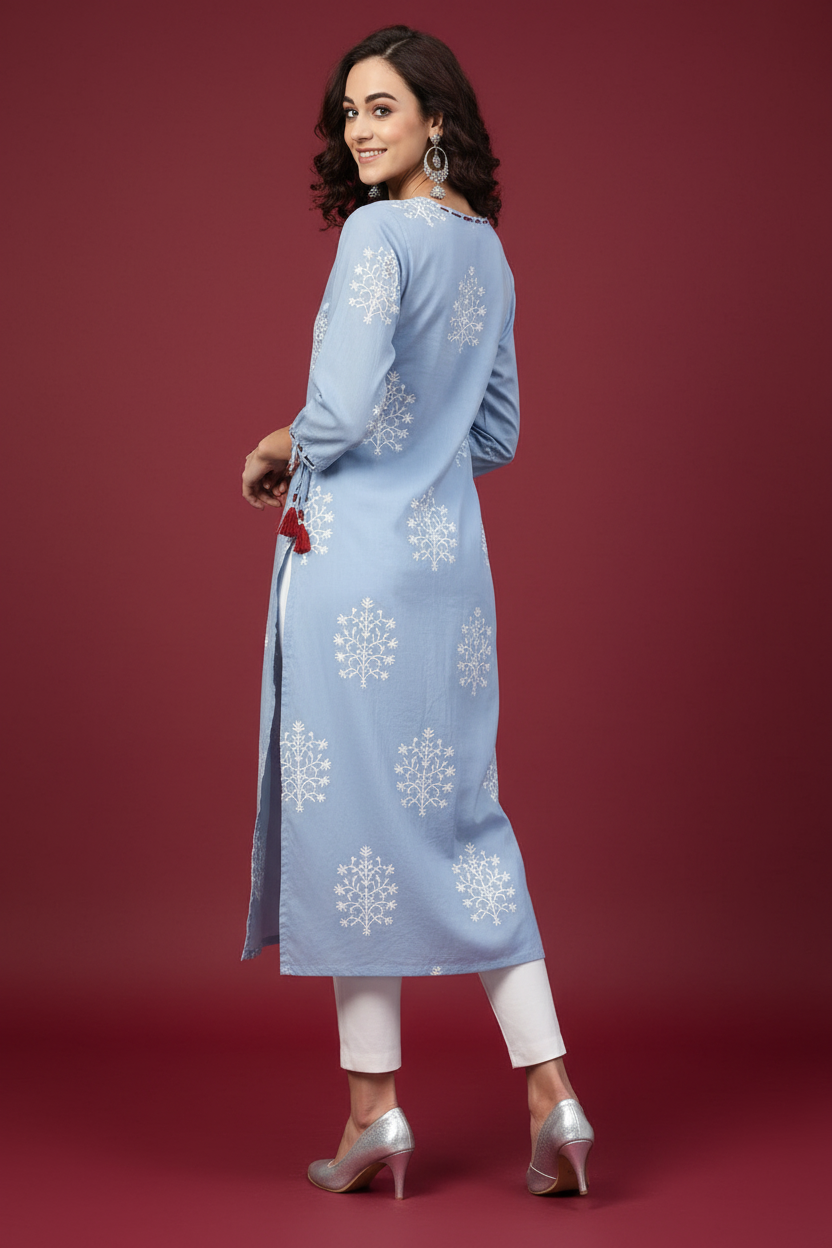 Snuggle Spot Women's Casual 3/4 th Sleeve Embroidery Cambric Cotton Kurti (Blue)