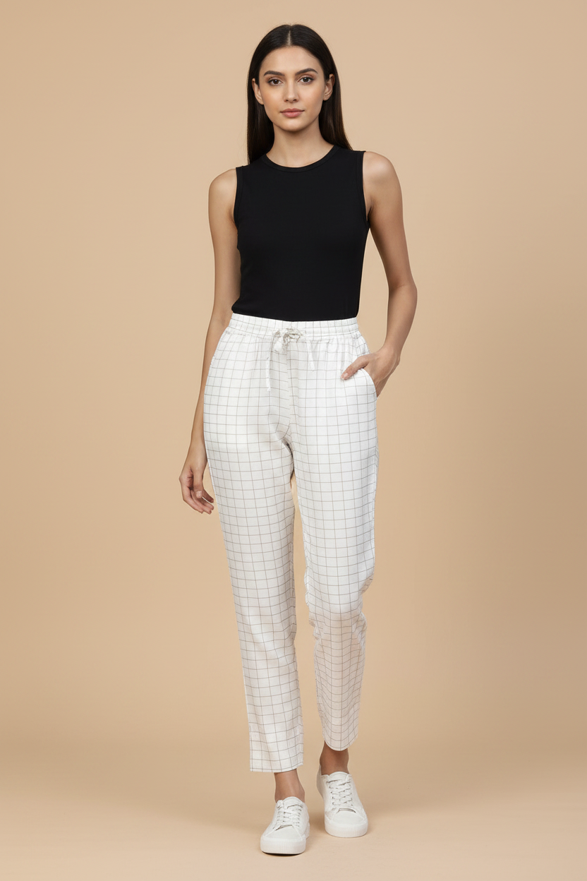 Snuggle Spot Women's Casual Checked Rayon Trouser Pant (White)