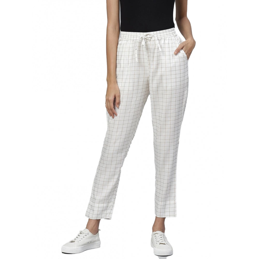 Snuggle Spot Women's Casual Checked Rayon Trouser Pant (White)