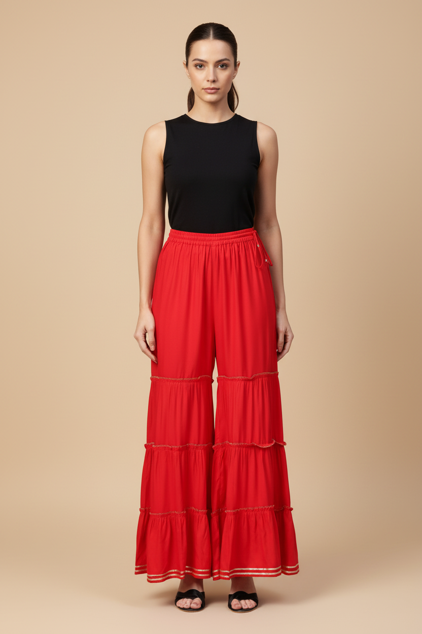Snuggle Spot Women's Casual Solid Rayon Sharara (Red)