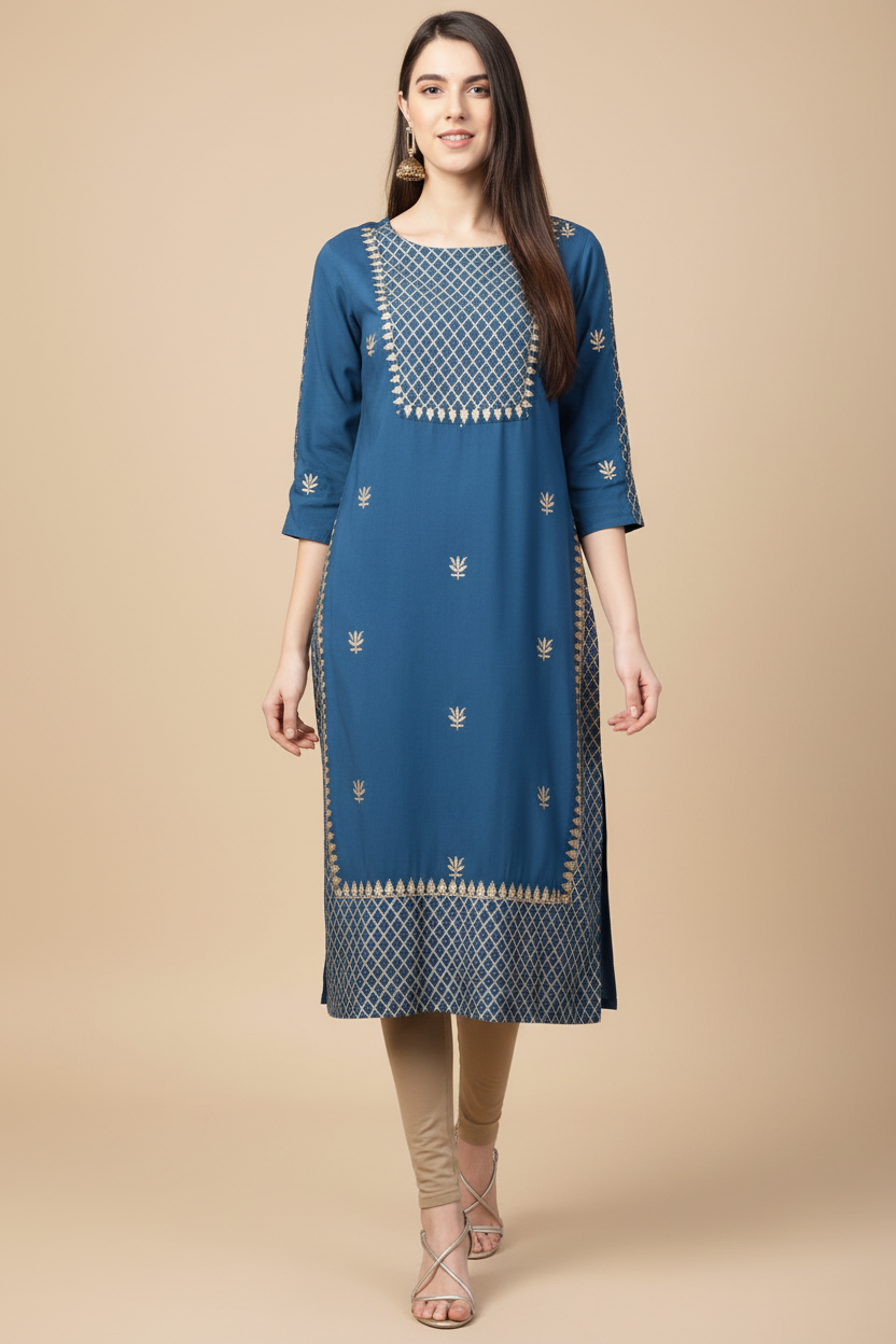 Snuggle Spot Women's Casual 3/4 th Sleeve Floral Printed Rayon Kurti (Blue)