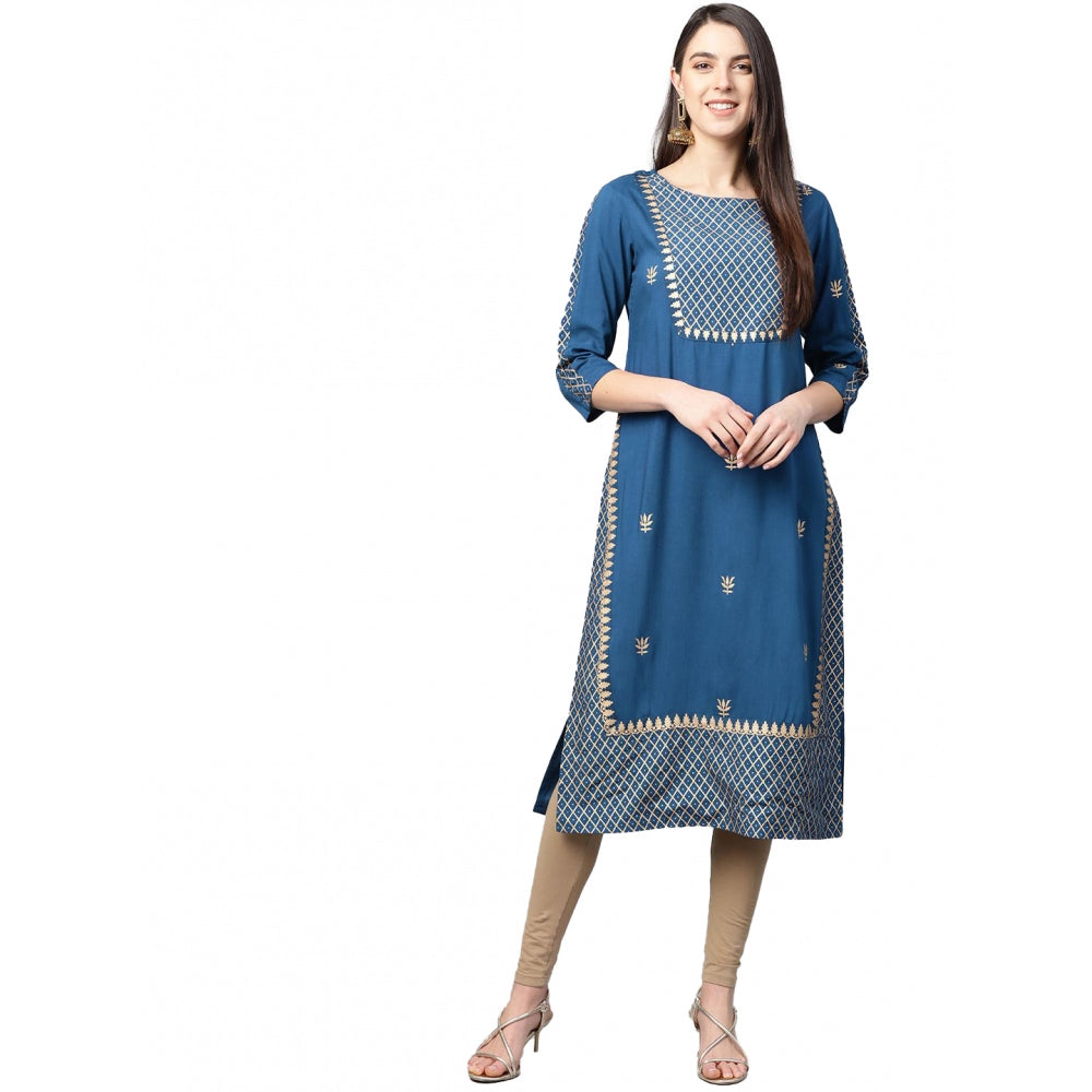 Snuggle Spot Women's Casual 3/4 th Sleeve Floral Printed Rayon Kurti (Blue)