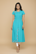 Snuggle Spot Women's Casual Short Sleeve Embroidery Cotton Slub Kurti (Torque Green)