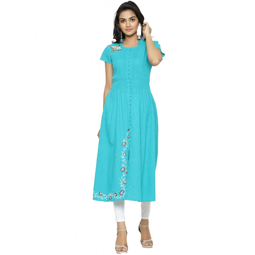 Snuggle Spot Women's Casual Short Sleeve Embroidery Cotton Slub Kurti (Torque Green)