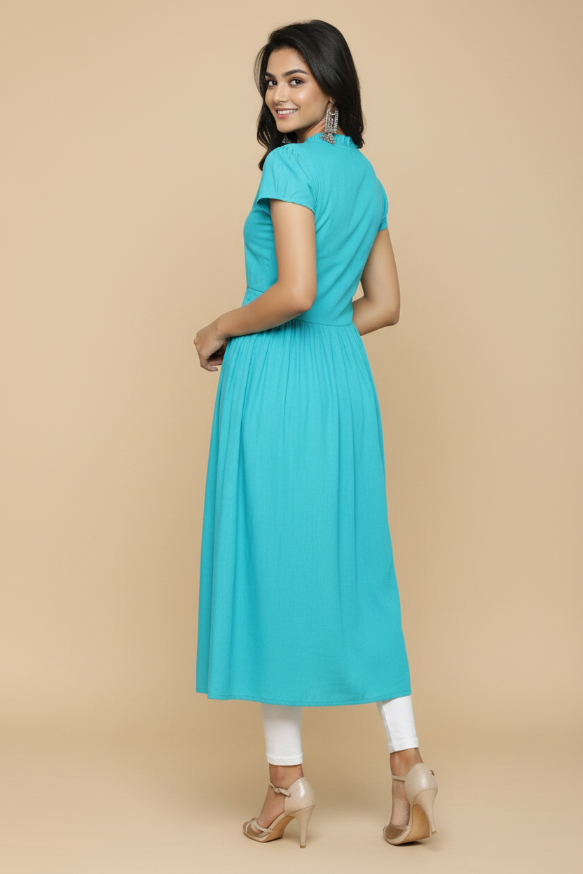 Snuggle Spot Women's Casual Short Sleeve Embroidery Cotton Slub Kurti (Torque Green)