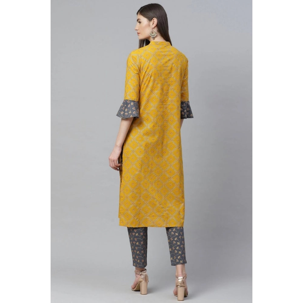Snuggle Spot Women's Casual Bell Sleeves Geomatrical Printed Cotton Kurti Set (Yellow)