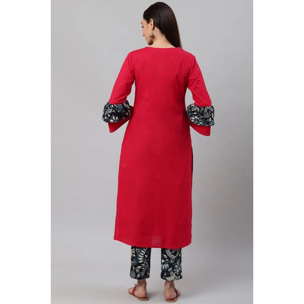 Snuggle Spot Women's Casual Bell Sleeves Floral Printed Cotton Kurti Set (Rani Pink)