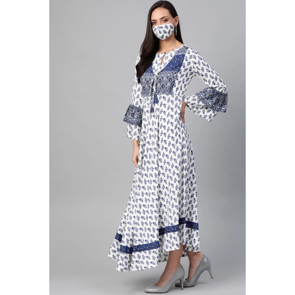 Snuggle Spot Women's Casual Bell Sleeve Floral Printed Rayon Dress (White &amp; Blue)