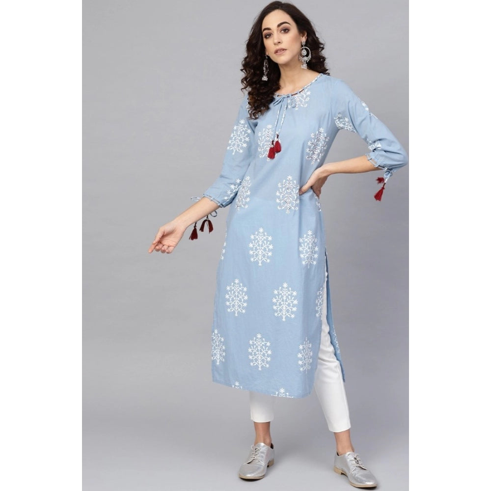 Snuggle Spot Women's Casual 3/4 th Sleeve Embroidery Cambric Cotton Kurti (Blue)