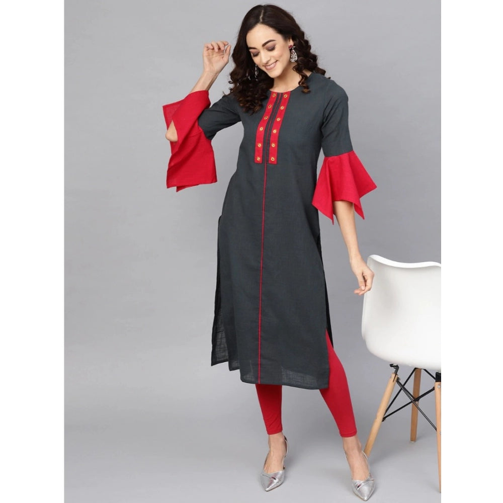Snuggle Spot Women's Casual Bell Sleeves Mirror Work Cotton Slub Kurti (Grey)