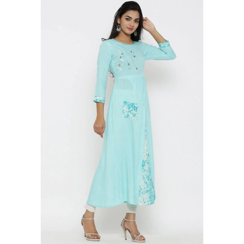 Snuggle Spot Women's Casual 3/4 th Sleeve Embroidery Rayon Kurti (Sky Blue)