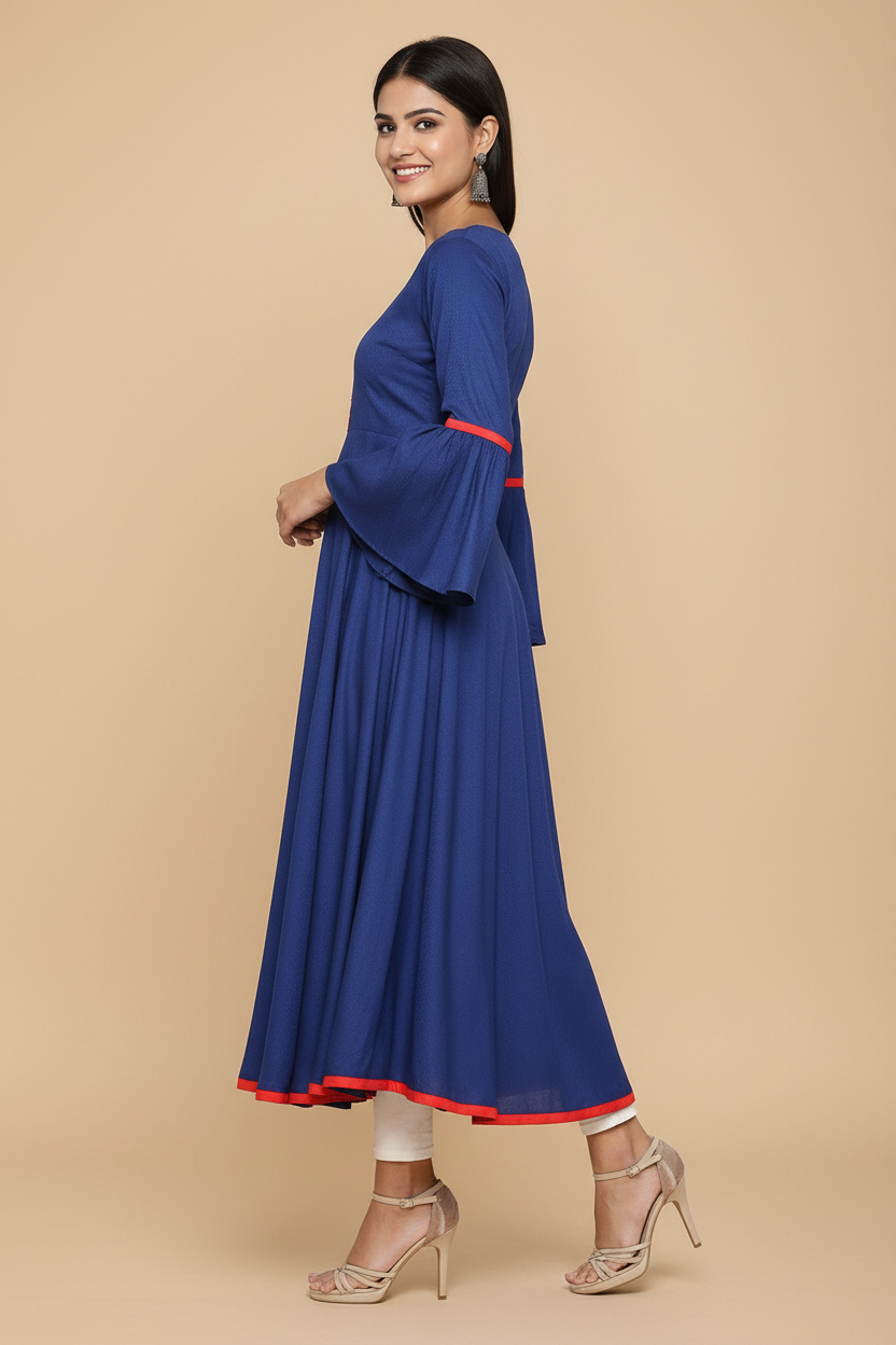 Snuggle Spot Women's Casual Bell Sleeves Embroidery Rayon Kurti (Blue)