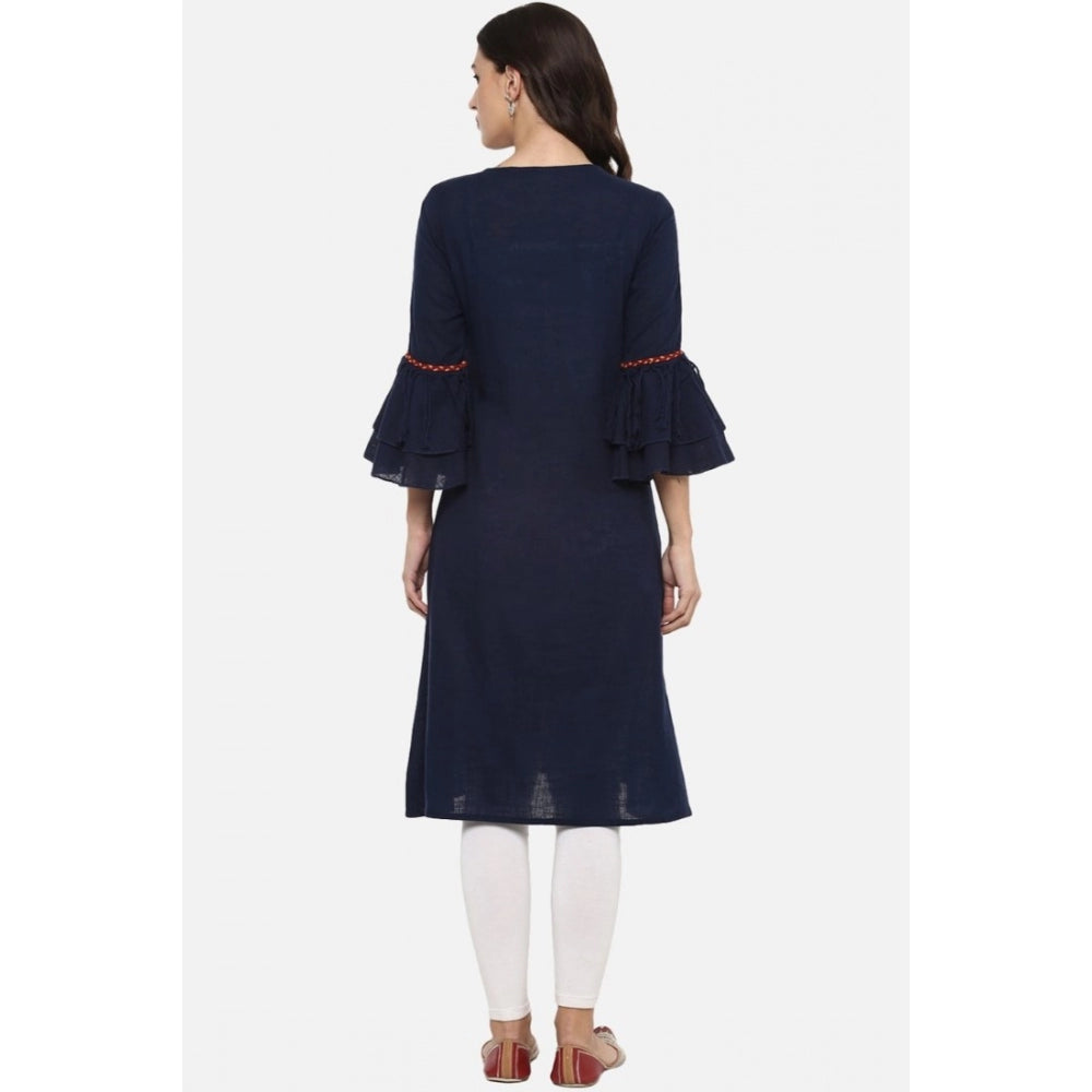 Snuggle Spot Women's Casual Bell Sleeves Solid Cotton Slub Kurti (Blue)